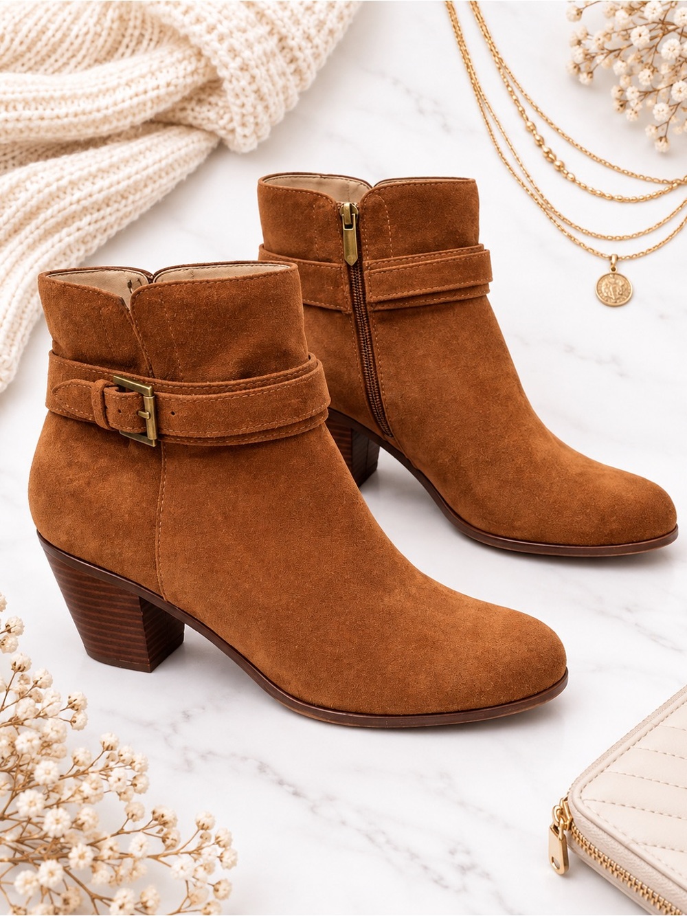 Sam Edelman Lynne Suede Ankle Boots Cognac Brown Buckle Block Heel 8